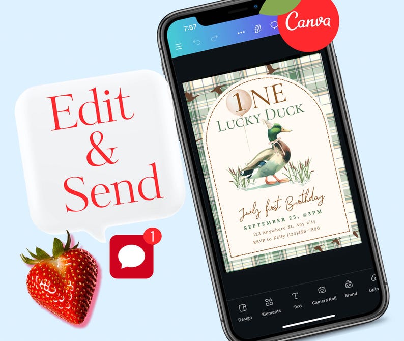 K&ouml;nnte beinhalten: Ein Smartphone zeigt eine Geburtstagseinladung mit einer Entenillustration. Die Einladung lautet "One Lucky Duck" und enth&auml;lt Veranstaltungsdetails. Eine Erdbeere und eine Sprechblase mit "Edit & Send" sind ebenfalls sichtbar.