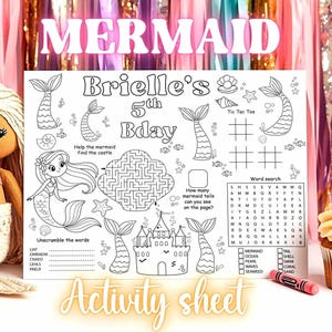 Può includere: Foglio di attività a tema sirena in bianco e nero con il testo "Mermaid" e "Brielle's 5th Bday". Include un labirinto, ricerca di parole, tris e giochi di parole. Presenta illustrazioni di code di sirena e un castello.