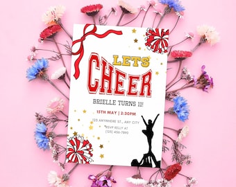 May include: A white invitation with red and gold accents. The text reads "Let's Cheer" with a red and white pom-pom on the top right. The invitation is for Brielle's 11th birthday party on May 15th at 2:30 PM. The address is 125 Anywhere St., Any City. RSVP to Kelly at (123) 456-7890.