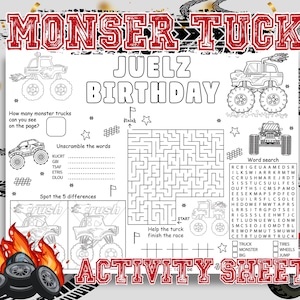 Puede incluir: Hoja de actividades con temática de monster truck con el texto "MONSER TUCK JUELZ BIRTHDAY ACTIVITY SHEET". Incluye un laberinto, una búsqueda de palabras y otros juegos. Presenta ilustraciones de monster trucks.