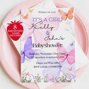 Digital inbjudan till babyshower med fjärilstema | Utskrivbar inbjudan med fjärilstema | Babyshowerinbjudan