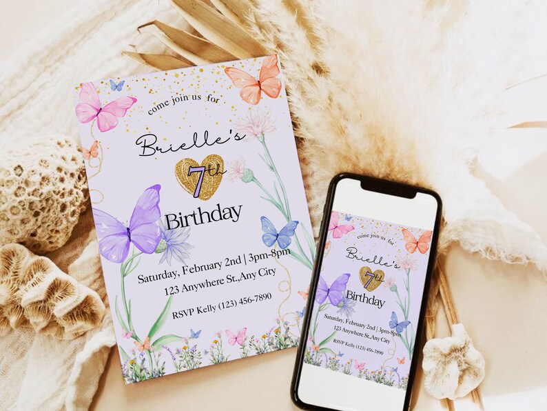 pastel butterfly birthday invitation, floral butterfly invite image 2