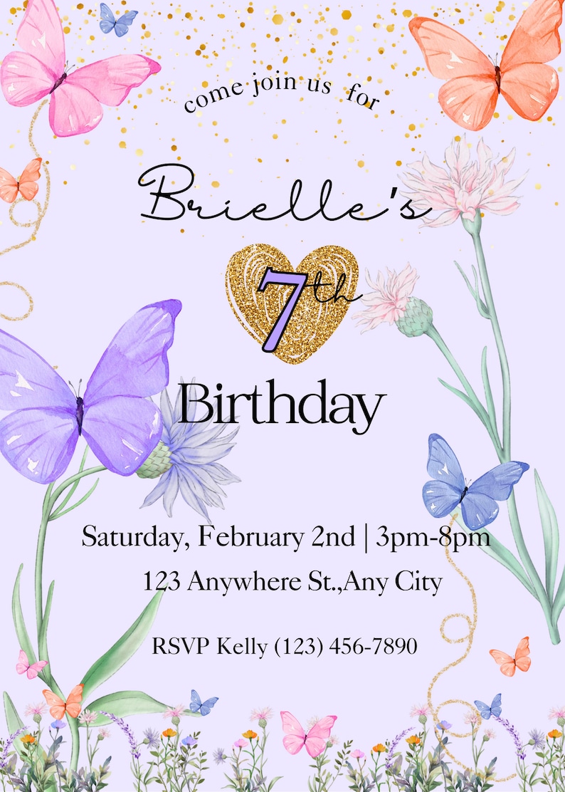 pastel butterfly birthday invitation, floral butterfly invite image 4