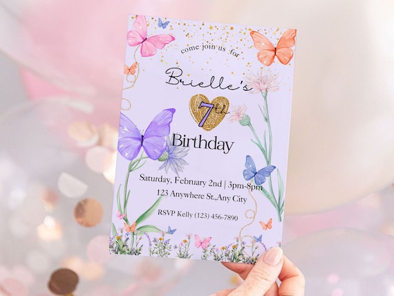 pastel butterfly birthday invitation, floral butterfly invite
