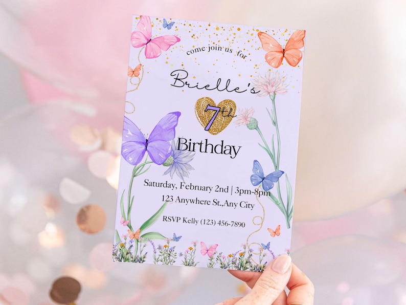 pastel butterfly birthday invitation, floral butterfly invite image 1