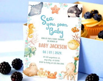 Sea You Soon Baby Shower Invitation Editable Canva Template • Ocean Theme Baby Shower Invite • Under the Sea Printable