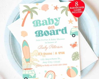 Baby On Board Surf Baby Shower Invitation, Surfing Baby Shower Invite, Beach Baby Shower Template, Editable Surf Theme Baby Shower Invite