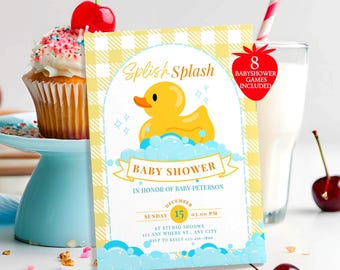 May include: A yellow rubber ducky in a blue bathtub with bubbles. The invitation is for a baby shower in honor of Baby Peterson on December 15th at 1:00 PM. The invitation includes the text "Splish Splash" and "8 Baby Shower Games Included".
