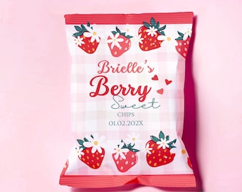 Strawberry Chip Bag Template | Berry First Birthday Treat Bag | Editable Party Favor Wrapper