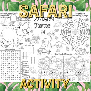 Könnte beinhalten: Ein schwarz-weißes Aktivitätsblatt mit dem Titel Safari Juez Turns 3, das ein Punkt-zu-Punkt-Nilpferd, ein kreisförmiges Labyrinth, ein Wortsuchrätsel, Tic-Tac-Toe-Gitter und ein Suchbild mit Dschungeltieren wie Elefanten und Löwen enthält.