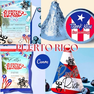 Puerto Rican Birthday Bundle | Editable Puerto Rico Flag Party evite Template | Puerto rico printable stickers and hat | Puerto rico chipbag
