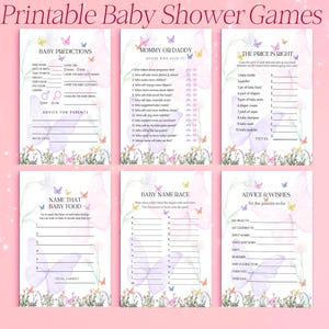 6 vlinderbabyshowers | Afdrukbare spelletjes vlinder babyshower | Babyvoorspelling, naamrace, mama of papa en meer