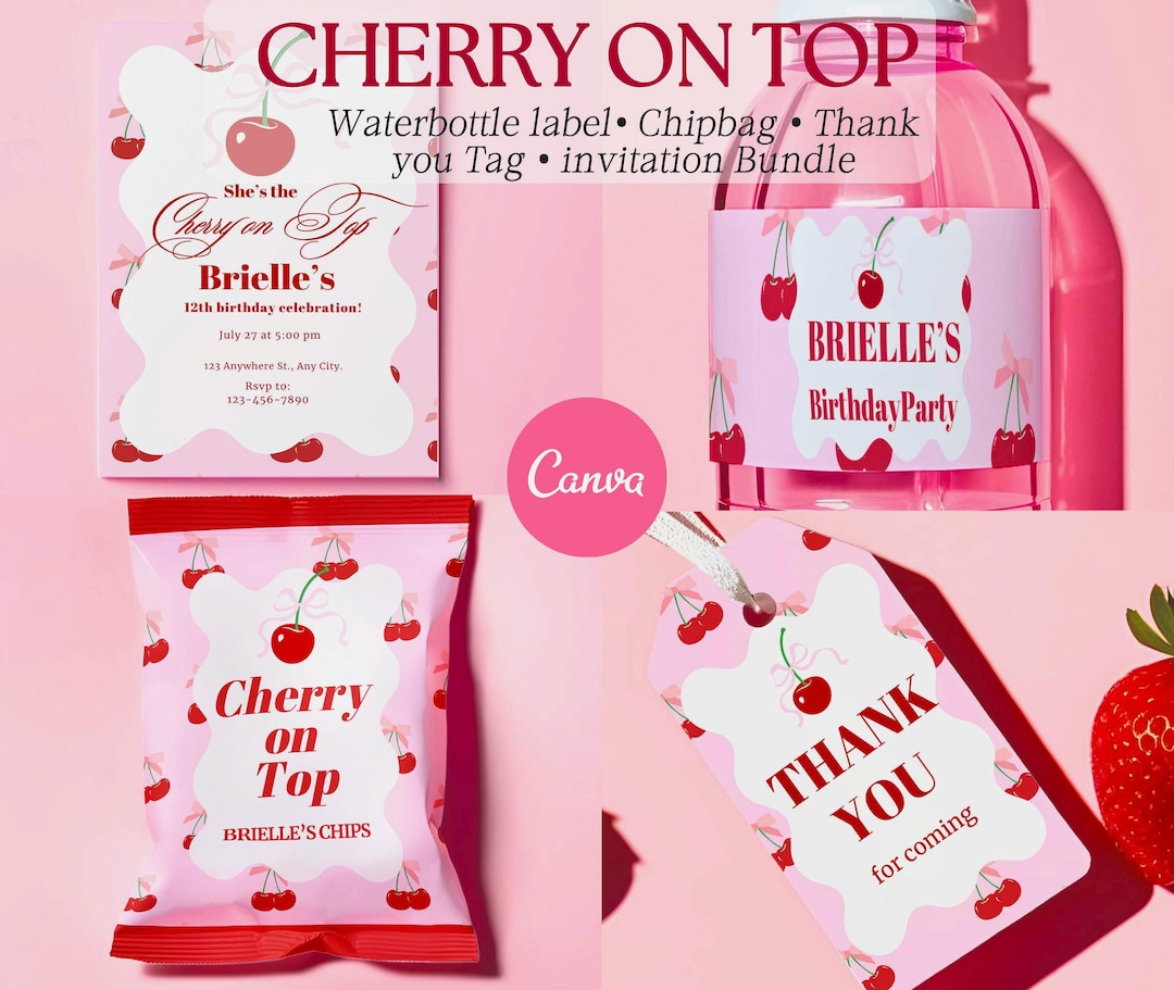 Cherry Party Editable Bundle | Cherry Chip Bag, Cherry Water Bottle ...