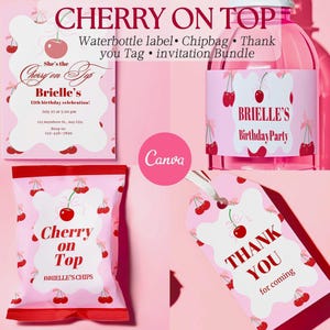 Pacchetto modificabile Cherry Party / Sacchetto di patatine di ciliegia, etichette per bottiglie d'acqua alla ciliegia e tag di ringraziamento stampabili / mon Cheri -Stampabili a tema