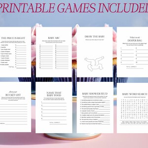 May include: Printable baby shower games with titles like "The Price is Right", "Baby ABC", "Draw the Baby", "What's in the Diaper Bag", "First Year Bucket List", "Name That Baby Food", "Baby Shower Feud", and "Baby Word Search".