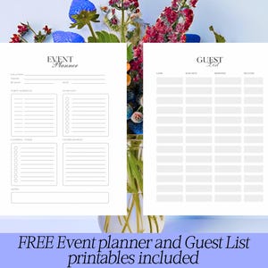K&ouml;nnte beinhalten: Zwei bedruckbare Bl&auml;tter mit Vorlagen f&uuml;r die Eventplanung und G&auml;stelisten. Das Blatt "Event Planner" enth&auml;lt Abschnitte f&uuml;r die Eventdetails, den Partyplan, das Catering und Notizen. Das Blatt "G&auml;steliste" hat Spalten f&uuml;r Name, Kontaktinformationen und RSVP-Status.