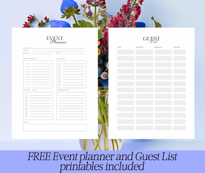 K&ouml;nnte beinhalten: Zwei bedruckbare Bl&auml;tter mit Vorlagen f&uuml;r die Eventplanung und G&auml;stelisten. Das Blatt "Event Planner" enth&auml;lt Abschnitte f&uuml;r die Eventdetails, den Partyplan, das Catering und Notizen. Das Blatt "G&auml;steliste" hat Spalten f&uuml;r Name, Kontaktinformationen und RSVP-Status.