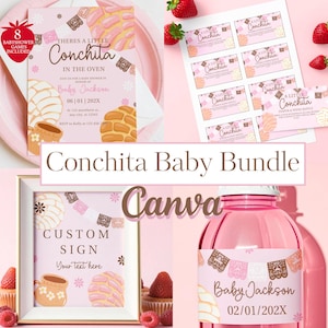 May include: A pink baby shower bundle with a "Conchita" theme. The bundle includes invitations, raffle tickets, a custom sign, and a water bottle label. The design features illustrations of concha pastries and decorative elements.