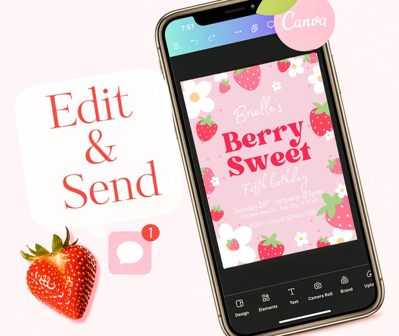 Berry happy birthday invitation | strawberry invite | girls birthday party image 3