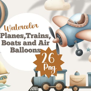 26 cliparts de trains, avions, bateaux et montgolfières | png de transit