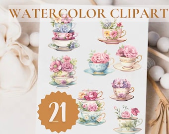 21 Water color teacups clipart png