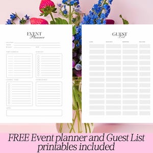 May include: A printable event planner and guest list template. The planner has sections for event details, party to-do list, catering, and event timeline. The guest list has columns for name, RSVP, response, and dietary needs.