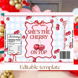May include: Editable template for a birthday party favor bag with a pink and blue gingham background. The bag features a red cherry design with the text "She's the Cherry on Top" and "Thank you Cherry much".