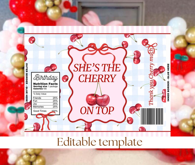May include: Editable template for a birthday party favor bag with a pink and blue gingham background. The bag features a red cherry design with the text "She's the Cherry on Top" and "Thank you Cherry much".