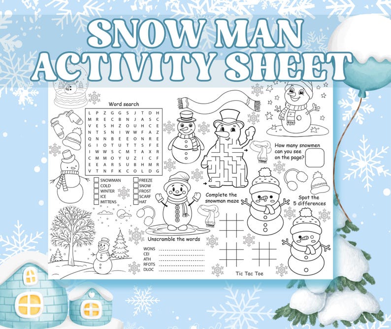 Winter Snowman Activity Sheet Printable, Kids Snowman Games Page ...