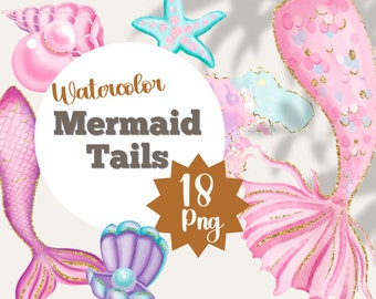 18 Mermaid tail watercolor png seashell clipart