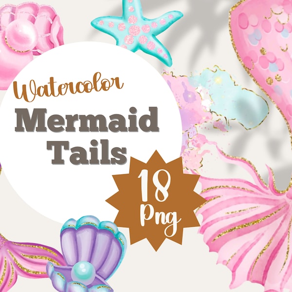 18 Mermaid tail watercolor png seashell clipart