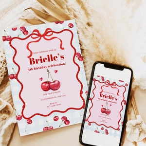 May include: A pink and blue birthday invitation with a cherry theme. The invitation says "Come Celebrate with us Brielle's 4th birthday celebration!" with the date, time, and location. The invitation is on a phone screen and a printed copy is on a table.