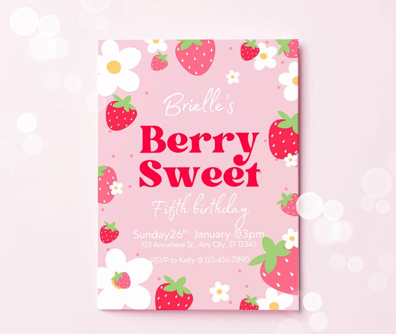 Berry happy birthday invitation | strawberry invite | girls birthday party image 2
