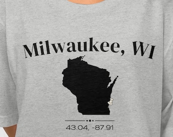 Milwaukee WI Coordinates Shirt, Wisconsin State Outline Tee, Latitude Longitude T-Shirt, Hometown Gift, Local Pride Souvenir Unisex