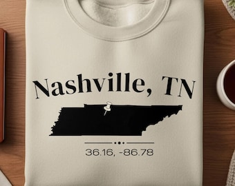 Nashville TN Coordinates Shirt, Tennessee State Outline Tee, Latitude Longitude T-Shirt, Hometown Gift, Nashville Souvenir Unisex