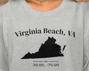 Virginia Beach VA Coordinates Shirt, Virginia State Outline Tee, Latitude Longitude T-Shirt, Beach Town Gift, Coastal Souvenir Unisex