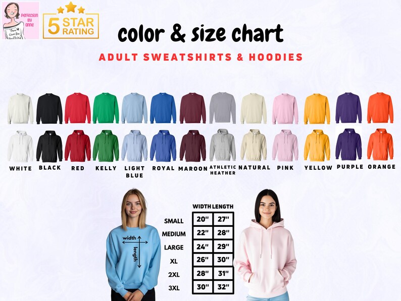 a women's sweatshirt with different colors and sizes