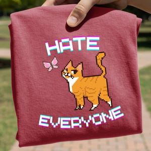May include: A maroon t-shirt featuring a pixelated orange tabby cat and a pink butterfly. The words "HATE EVERYONE" are printed in a pixelated font with a blue and pink outline. The shirt is held up by a hand.