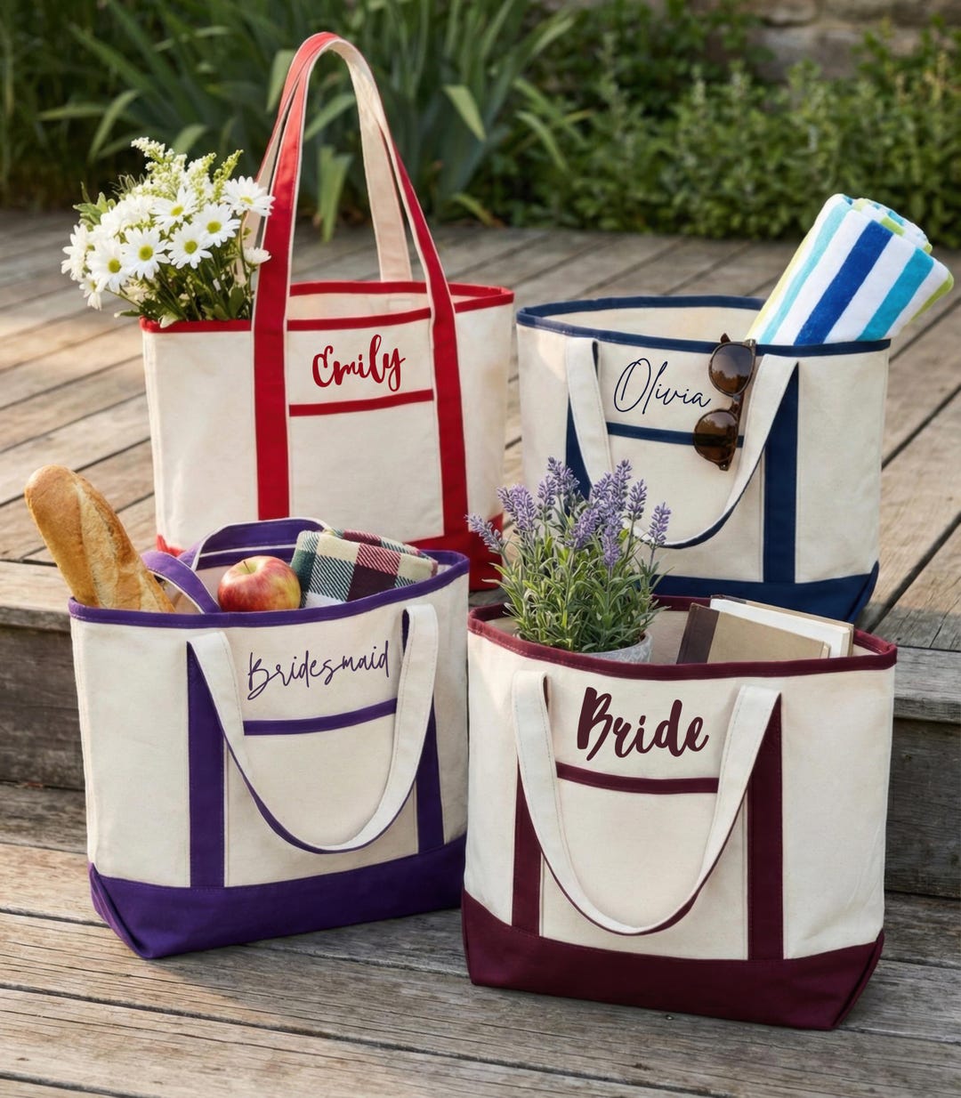 Personalized Bridesmaid Tote Bag | Custom Name Canvas Boat Tote ...