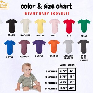 a baby sitting in front of a poster with different colors of shirts