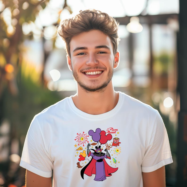 a man with a mickey mouse t - shirt on