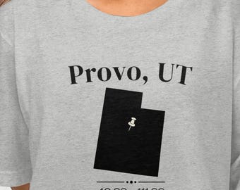 Provo UT Coordinates Shirt, Utah State Outline Tee, Latitude Longitude T-Shirt, Hometown Gift, Utah Souvenir Unisex