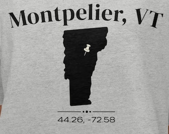 Montpelier VT Coordinates Shirt, Vermont State Outline Tee, Latitude Longitude T-Shirt, Hometown Gift, New England Souvenir Unisex