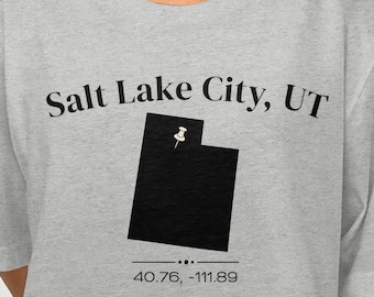 Salt Lake City UT Coordinates Shirt, Utah State Outline Tee, Latitude Longitude T-Shirt, Hometown Gift, SLC Souvenir Unisex