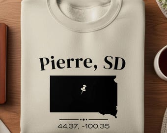 Pierre SD Coordinates Shirt, South Dakota State Outline Tee, Latitude Longitude T-Shirt, Hometown Gift, SD Souvenir Unisex