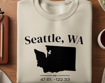 Seattle WA Coordinates Shirt, Washington State Outline Tee, Latitude Longitude T-Shirt, Hometown Gift, Seattle Souvenir Unisex