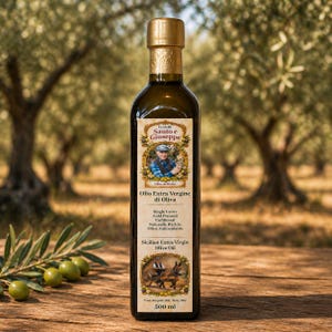 May include: A 500 ml glass bottle of Fratelli Santo e Giuseppe extra virgin olive oil with a gold cap. The label features a portrait of a person, an illustration of a donkey, and text including Single Grove, Cold Pressed, and Unfiltered.