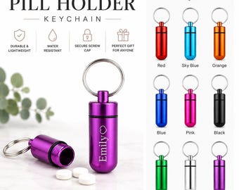 Gepersonaliseerde, op maat gemaakte, gegraveerde, waterdichte capsulepilhouder-sleutelhanger