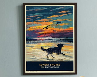 Golden Retriever Limited Edition Sunset On The Beach Art Print
