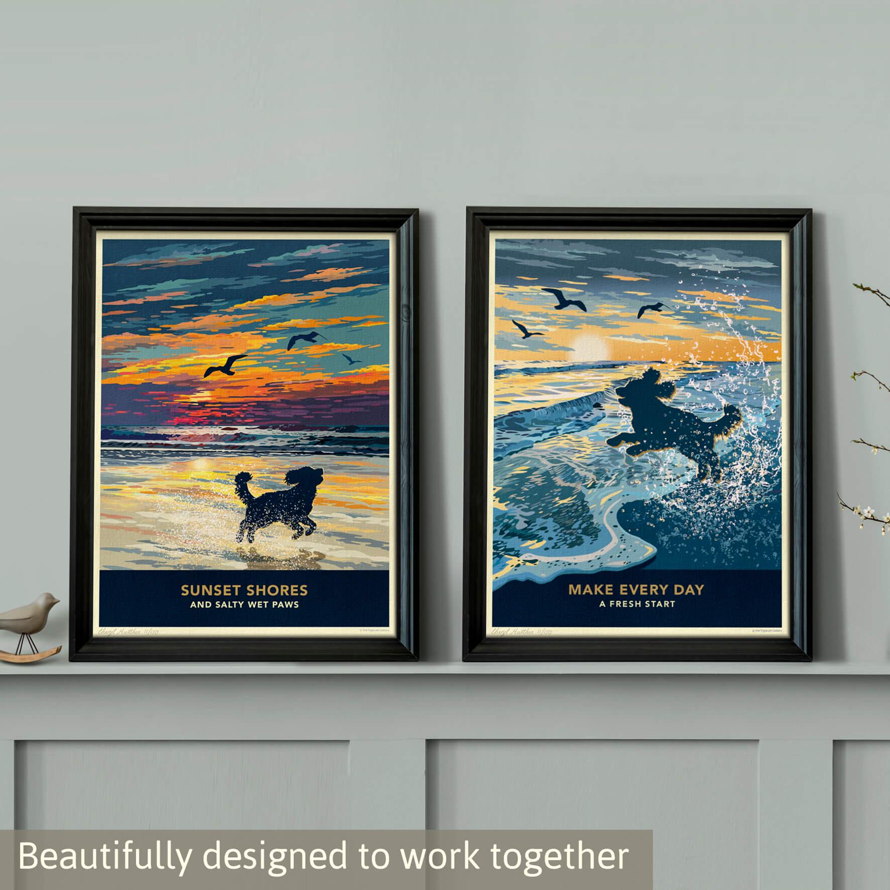 Cockapoo Beach Sunset Art Print – Vintage Coastal Dog Decor Wall Art ...
